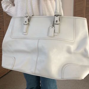 Oversized white leather Coach bag 16”x11”